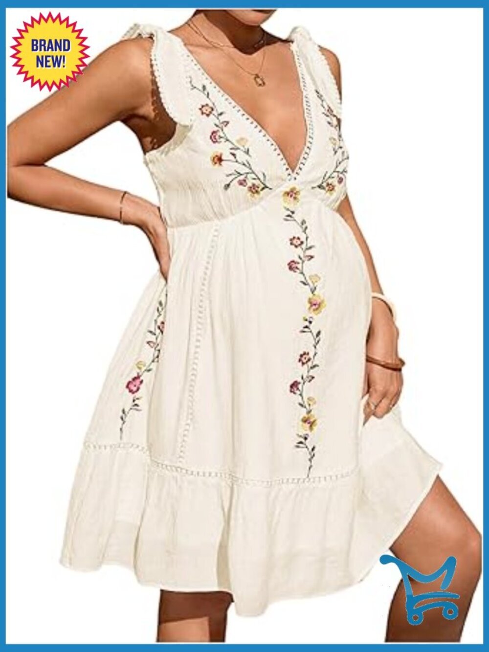 Floral Embroidery Maternity Mini Dress Boho Summer Beach Flowy Short Dress